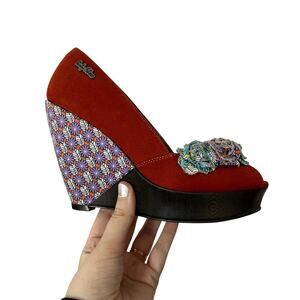 Ruby Shoo bright orange purple heels peep toe fabric flowers vintage 70s size 7